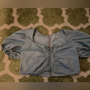 Puff Sleeve Chambray Lace Up Crop